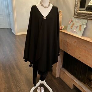 Nina Leonard Classic Black Drape cape with fur ball accents. Touch of class